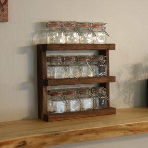 Premium solid wood spice rack with glass jars included. Handmade easy to use spice rack with square glass swing-top jars. Medium kitchen spice rack with 12 jars